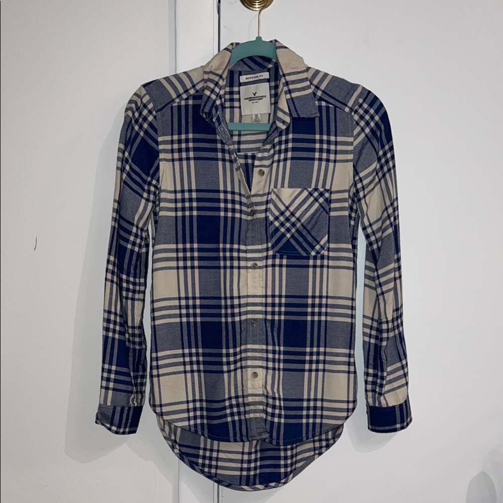 Women’s Blue and Tan Flannel Button Down Shirt